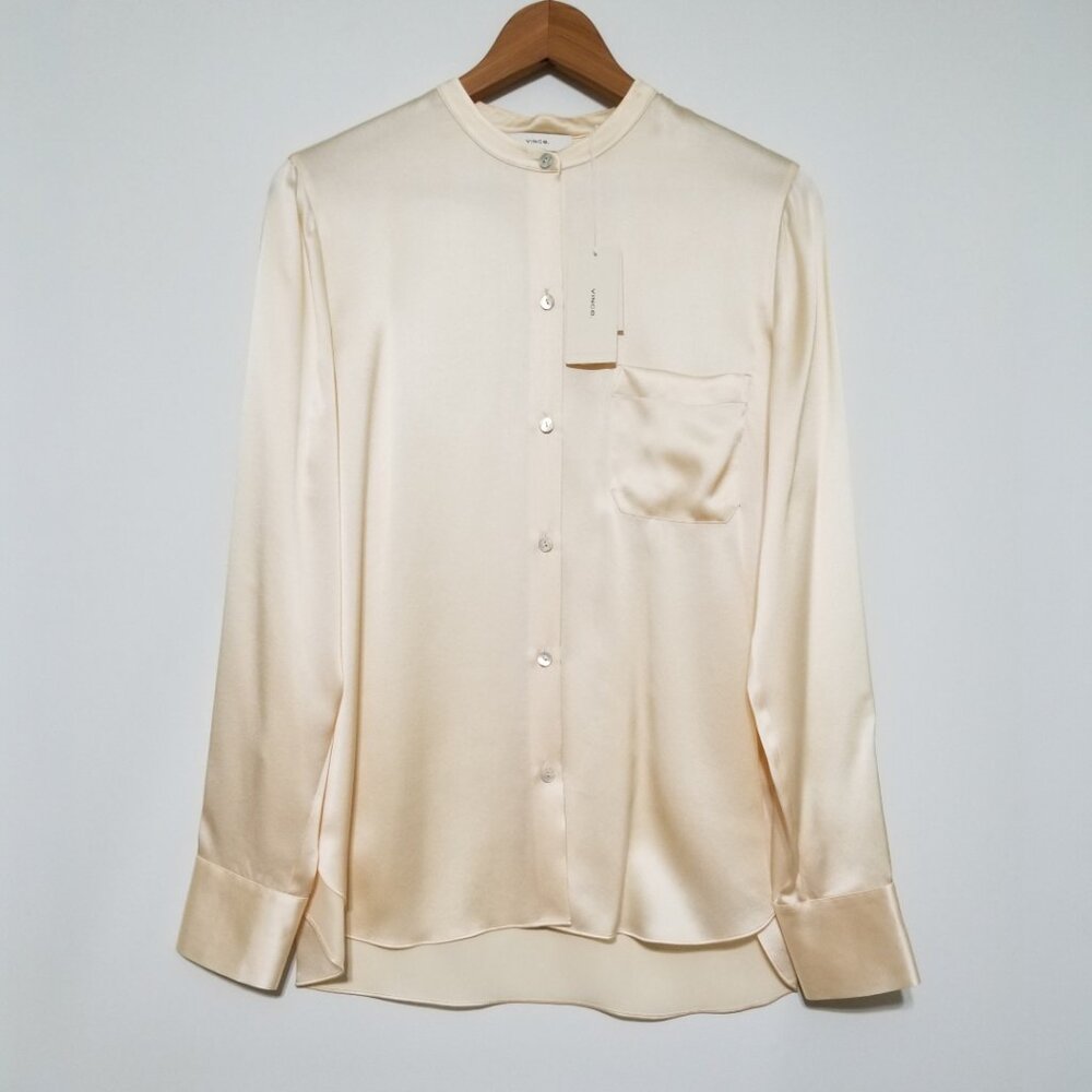 NWT Vince Slim Satin Band Collar Silk Blouse in Chiffon (Cream) Size 4,8,10